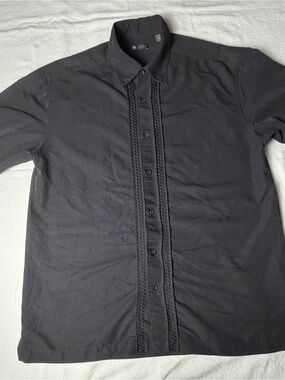 Centro Black Short-Sleeve Button-Down Shirt with Braided Placket